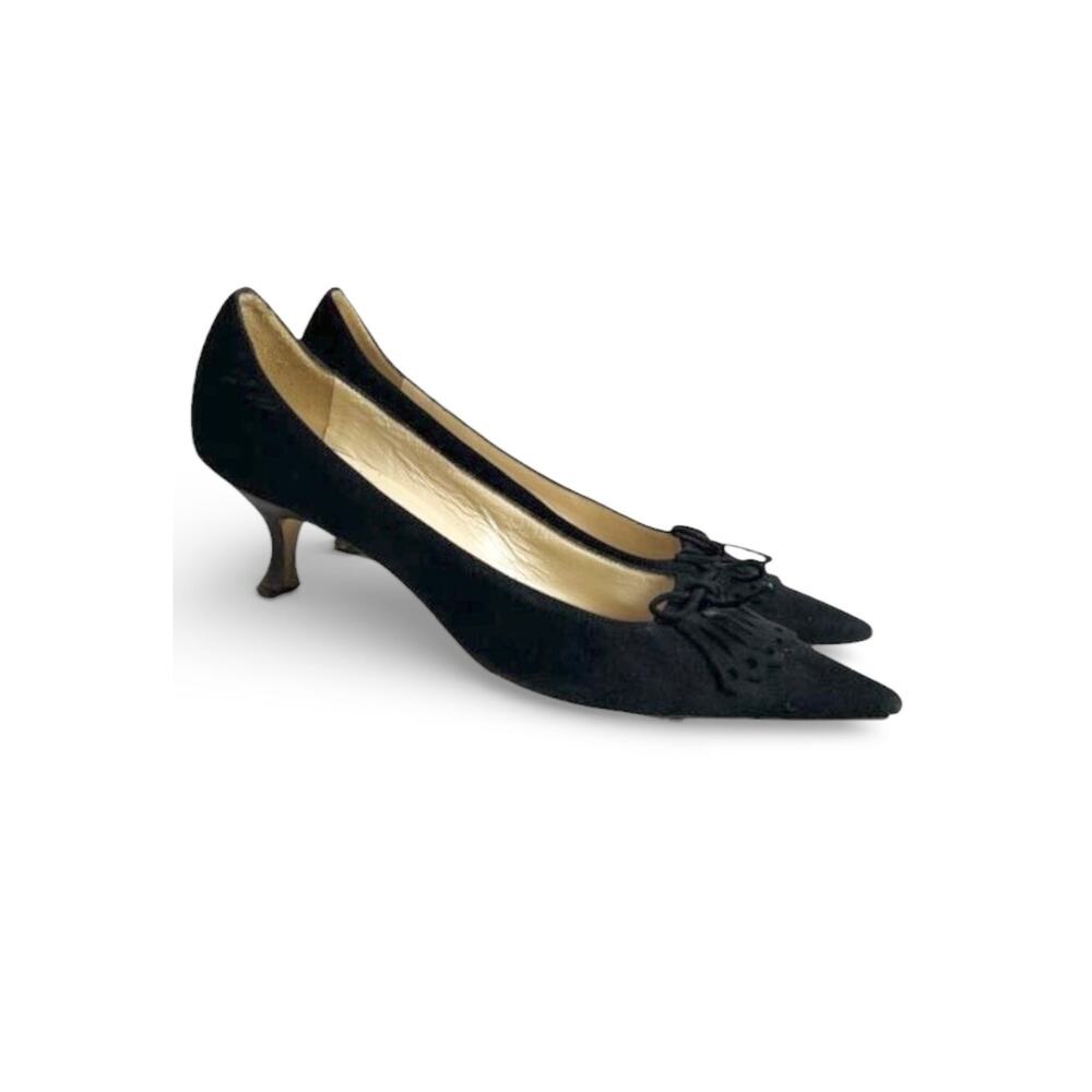 Vintage Manolo Blahnik Black Suede Bow Pumps Pointed Toe Kitten Heels 35.5